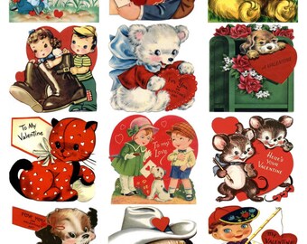 A Dozen Child Children Valentines v3, CUTE KITTENS PUPPIES  Vintage Image Collage Sheet, Hearts, Digital Download jpg by Swing Shift Designs