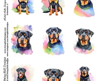 Adorable Rottweiler Dogs, Working Dogs, v2 Watercolor Style Vivid Colors Dogs Puppy Printable Digital Collage Sheet, Animal Lovers