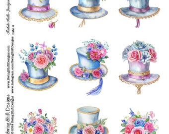 Cute Hats with Flowers v2, Vivid Colorful Watercolor Style, Printable Collage Sheet, Perfect for Handmade Cards, Clipart, Fussy Cuts