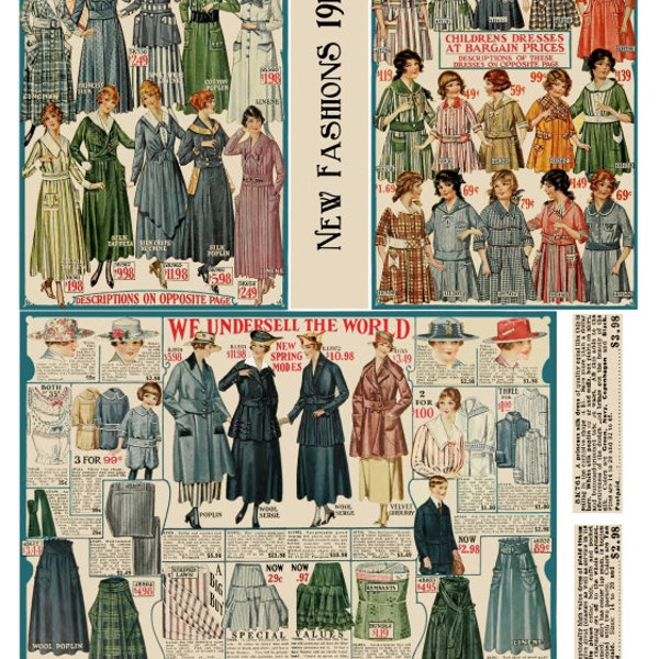 Collage Sheet  of Vintage Images from a 1915 Catalog, Women's and Children's Clothing, Digital Download JPG File by  Swing Shift Designs