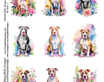 Adorable Pit Bull Staffordshire Bull Terrier Dog v1 Watercolor Style Vivid Flowers Dogs Puppy Printable Digital Collage Sheet, Animal Lovers
