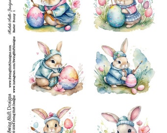Cute Easter Bunny Painting Eggs v1, Watercolor Style with Vivid Colorful Eggs, Happy Easter, Perfect for Handmade Easter Greeting Cards!