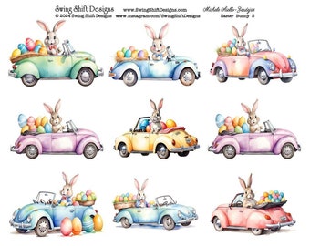 Cute Easter Bunny Driving Convertible Beetle Car Delivering Easter Eggs, Vivid Watercolor Style Perfect for Handmade Easter Greeting Cards!