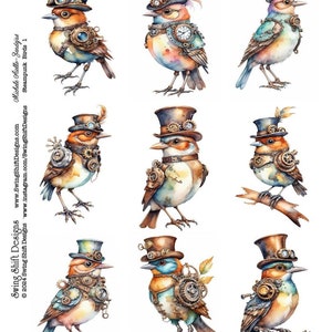 Oiseau steampunk, adorables oiseaux « mécaniques » avec chapeaux, style aquarelle, couleurs vives, engrenages et gadgets, feuille de collage numérique imprimable JPG