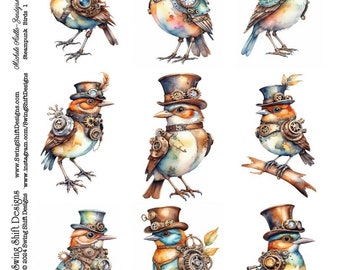 Steampunk Bird, Adorable "Mechanical" Birds with Hats, Watercolor Style, Vivid Colors, Gears & Gadgets, Printable Digital Collage Sheet JPG