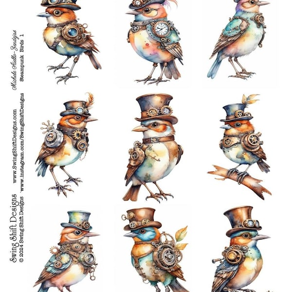 Steampunk Bird, Adorable "Mechanical" Birds with Hats, Watercolor Style, Vivid Colors, Gears & Gadgets, Printable Digital Collage Sheet JPG