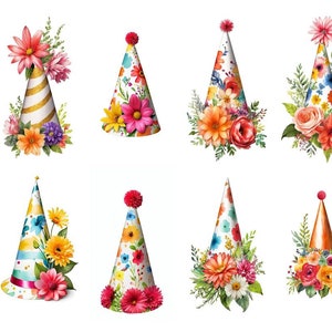 Chapéus de festa pontudos fofos com flores, estilo aquarela colorido vívido, folha de colagem para impressão, perfeito para cartões feitos à mão, clipart, cortes complicados
