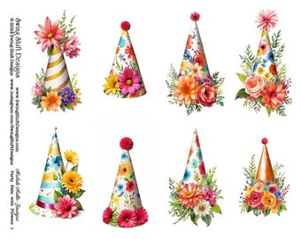 Cute Pointy Party Hats w/ Flowers, Vivid Colorful Watercolor Style, Printable Collage Sheet, Perfect for Handmade Cards, Clipart, Fussy Cuts