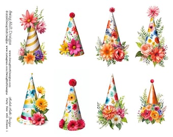 Cute Pointy Party Hats w/ Flowers, Vivid Colorful Watercolor Style, Printable Collage Sheet, Perfect for Handmade Cards, Clipart, Fussy Cuts