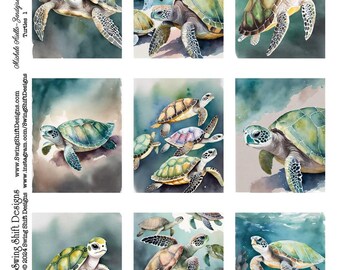 Adorable Sea Turtle Watercolor Style Colorful Turtles on a Printable Digital Collage Sheet Cute Clipart, Fussy Cuts, Ocean, Sea Animals