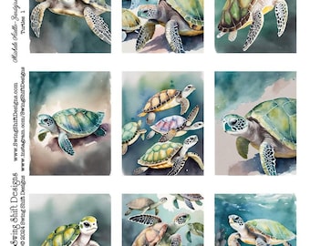 Adorable Sea Turtle Watercolor Style Colorful Turtles on a Printable Digital Collage Sheet Cute Clipart, Fussy Cuts, Ocean, Sea Animals