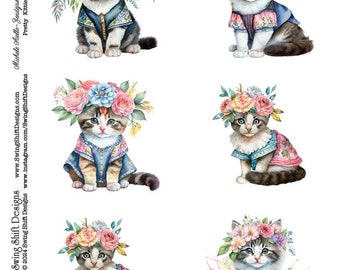 Pretty Kitties, Kittens, Kitty Cats with Clothes & Flowers Watercolor Style Vivid Colorful Floral Printable Digital Sheet Clipart Fussy Cuts