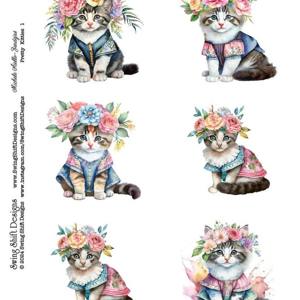 Pretty Kitties, Kittens, Kitty Cats with Clothes & Flowers Watercolor Style Vivid Colorful Floral Printable Digital Sheet Clipart Fussy Cuts