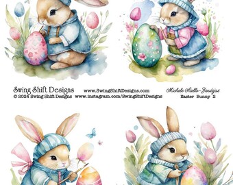 Cute Easter Bunny Painting Eggs v2, Watercolor Style with Vivid Colorful Eggs, Happy Easter, Perfect for Handmade Easter Greeting Cards!