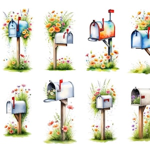 May include: A set of eight watercolor illustrations of mailboxes with flowers. Each mailbox is a different color and has a different arrangement of flowers. The mailboxes are all on wooden posts and are surrounded by green grass.