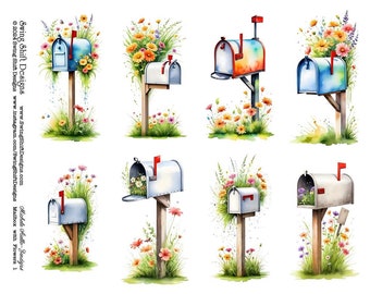 Mailbox & Flowers Vivid Colorful Watercolor Style, Printable Collage Sheet, Perfect for Handmade Greeting Cards, Clipart, Fussy Cuts