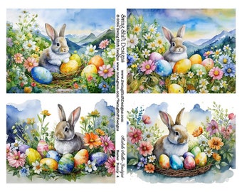 Beautiful Easter Bunny in a Basket Nest Scene Easter Eggs and Flowers Vivid Watercolor Style Perfect for Handmade Easter Greeting Cards!