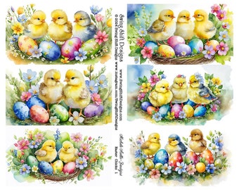 Beautiful Easter Chicks Nest Scene Easter Eggs and Colorful Flowers Vivid Watercolor Style Perfect for Handmade Easter Greeting Cards!