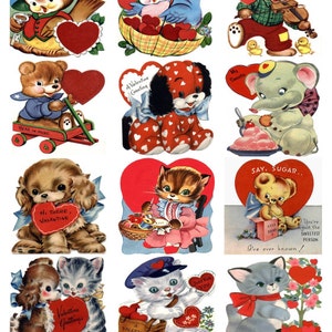 May include: A set of 12 vintage Valentine's Day cards featuring cute animal illustrations. The cards are printed on thick paper and have a glossy finish. Each card features a different animal, including a bear, a bird, a dog, an elephant, a cat, and a rabbit. The cards are all decorated with hearts and other Valentine's Day motifs.