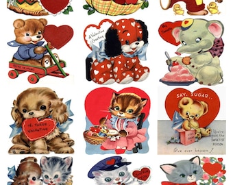 A Dozen Child Children Valentines V2 - CUTE  BIRDS Vintage Image Collage Sheet, Hearts, Digital Download JPG file by Swing Shift Designs