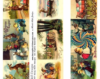 Vintage Full Color Illustration Easter Collage Sheet V1, Eggs, Bunnies - Digital Download JPG file by Swing Shift Designs