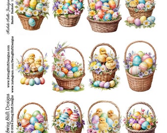 Easter Baskets with Colored Eggs, Chicks Dasies Watercolor Style with Vivid Colorful Flowers and Eggs in a Woven Basket Easter Greeting Card