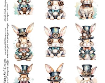 Steampunk Bunny Rabbit, Adorable "Mechanical" Bunny with Hat and Clothes, Watercolor Style, Gears & Gadgets, Printable Collage Sheet JPG