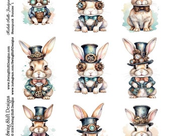 Steampunk Bunny Rabbit, Adorable "Mechanical" Bunny with Hat and Clothes, Watercolor Style, Gears & Gadgets, Printable Collage Sheet JPG
