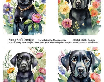 Adorable Black Labrador Retriever Puppy with Flowers, Watercolor Style Vivid Colorful, Puppies, Floral Printable Digital Collage Sheet JPG