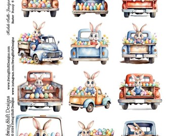 Cute Easter Bunny in Back of Truck Delivering Easter Eggs, Vivid Vintage Watercolor Style Perfect for Handmade Easter Greeting Cards!