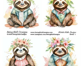 Adorable Sloth with Flowers & Wearing Clothes Watercolor Style Vivid Colorful Sloths Floral Printable Digital Collage Sheet Cute Folivore