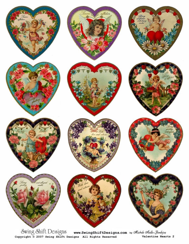 Valentine's Hearts V2 Collage Sheet, Vivid, Full Color, Love, Wedding, Engagement, Hearts Digital Download JPG file by Swing Shift Designs image 1