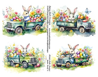 Cute Easter Bunny Driving a Truck Delivering Easter Eggs, Vivid Vintage Watercolor Style Perfect for Handmade Easter Greeting Cards!