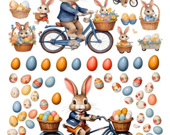 Cute Easter Bunny Riding Bike v2 Delivering Easter Eggs Vivid Watercolor Style Perfect for Greeting Cards, Crafts! Fussy Cuts, Clipart