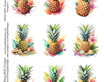 Tropical Pineapple, Vivid Colorful Watercolor Pineapples, Perfect for Welcome Cards, Clipart, Rectangle, Fussy Cuts, Printable Digital Sheet