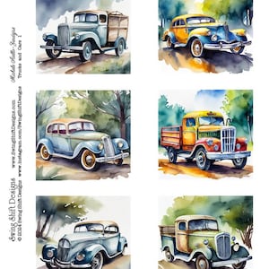 Vintage Autos und Lastwagen, Aquarell-Stil, druckbare Collage Sheet JPG, wählerische Schnitte, quadratische Clipart, perfekt für maskuline handgemachte Karten