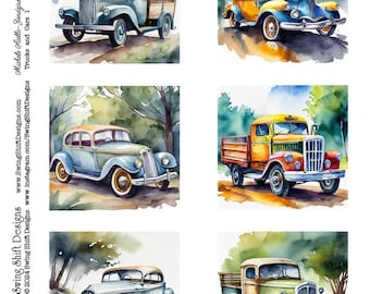 Vintage Cars and Trucks, Watercolor Style, Printable Collage Sheet JPG, Fussy Cuts, Square Clipart, Perfect for Masculine Handmade Cards