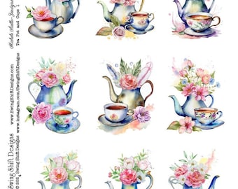 Cute Teapot, Teacup and Flowers, Watercolor Style Tea Pot and cup, Printable Collage Sheet, Perfect for Cards & Arts, Clipart, Fussy Cuts