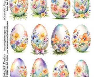 Cute Easter Eggs Decorated with Flowers, v2, Vivid Watercolor Style Perfect for Homemade Greeting Cards, Crafts! Fussy Cuts, Clipart