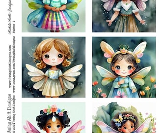 Cute Little Fairies, Black, White, Mixed Race African American, with flowers and wings. Adorable! Square Shaped, perfect for Handmade Cards