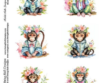 Adorable Monkey with Flowers & Wearing Clothes Watercolor Style Vivid Colorful Monkeys Floral Printable Digital Collage Sheet Cute Primate