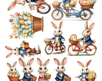 Cute Easter Bunny Riding Bike v1 Delivering Easter Eggs Vivid Watercolor Style Perfect for Greeting Cards, Crafts! Fussy Cuts, Clipart
