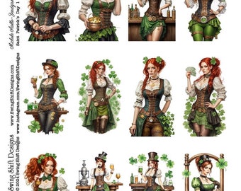 Saint Patrick's Day v1, Lady Luck, Steampunk Lady Leprechaun Barmaid Bartender, Irish Beer, Clover Greeting Cards, Crafts Fussy Cuts Clipart