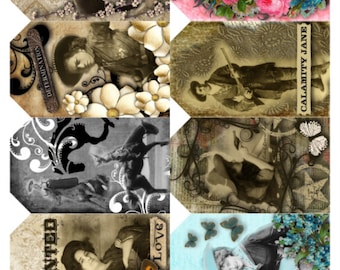 Cowgirl Tags V1 Collage Sheet, Beautiful Vivid, Full Color, Vintage Photos - Altered Art, Digital Download JPG File by Swing Shift Designs