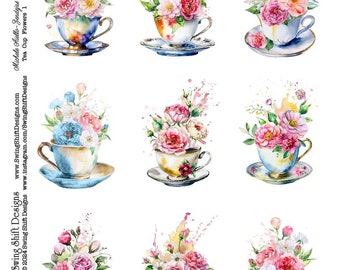 Cute Teacups and Flowers, Vivid Watercolor Style Tea Cups, Printable Collage Sheet, Perfect for Handmade Cards & Arts, Clipart, Fussy Cuts