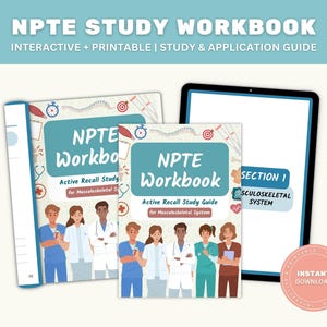 Puede incluir: Imagen de dos libros de trabajo "NPTE Workbook" y una tableta. Los libros de trabajo tienen el texto "Active Recall Study" y "Study & Application Guide". La tableta muestra "Section 1: Musculoskeletal System". Una pegatina rosa de "Descarga instantánea" es visible.