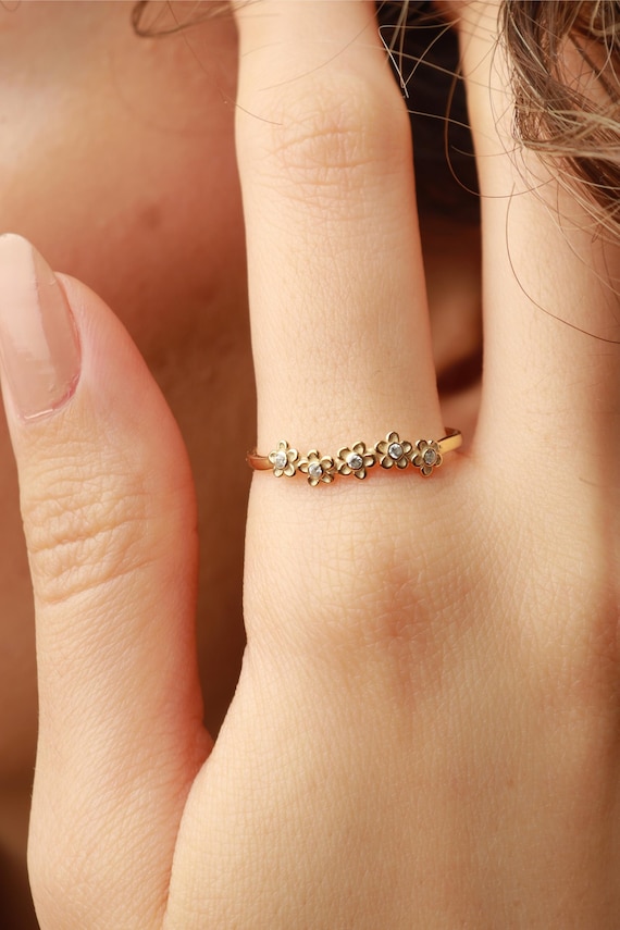 Dainty Birthstone Flower Ring, 14K Gold Plated Floral Band, Personalized Jewelry