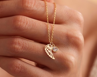 Sterling Silver Angel Wing Birthstone Necklace • Memorial Jewelry