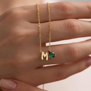 Custom Bubble Letter Birthstone Necklace, Sterling Silver, Personalized Initial Pendant