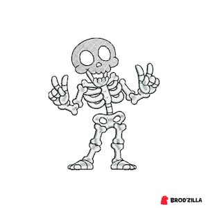 May include: A cartoon-style skeleton illustration in shades of gray, giving the peace sign with both hands. The skeleton has a skull-shaped head with large eye sockets and a toothy grin. The image is on a white background.